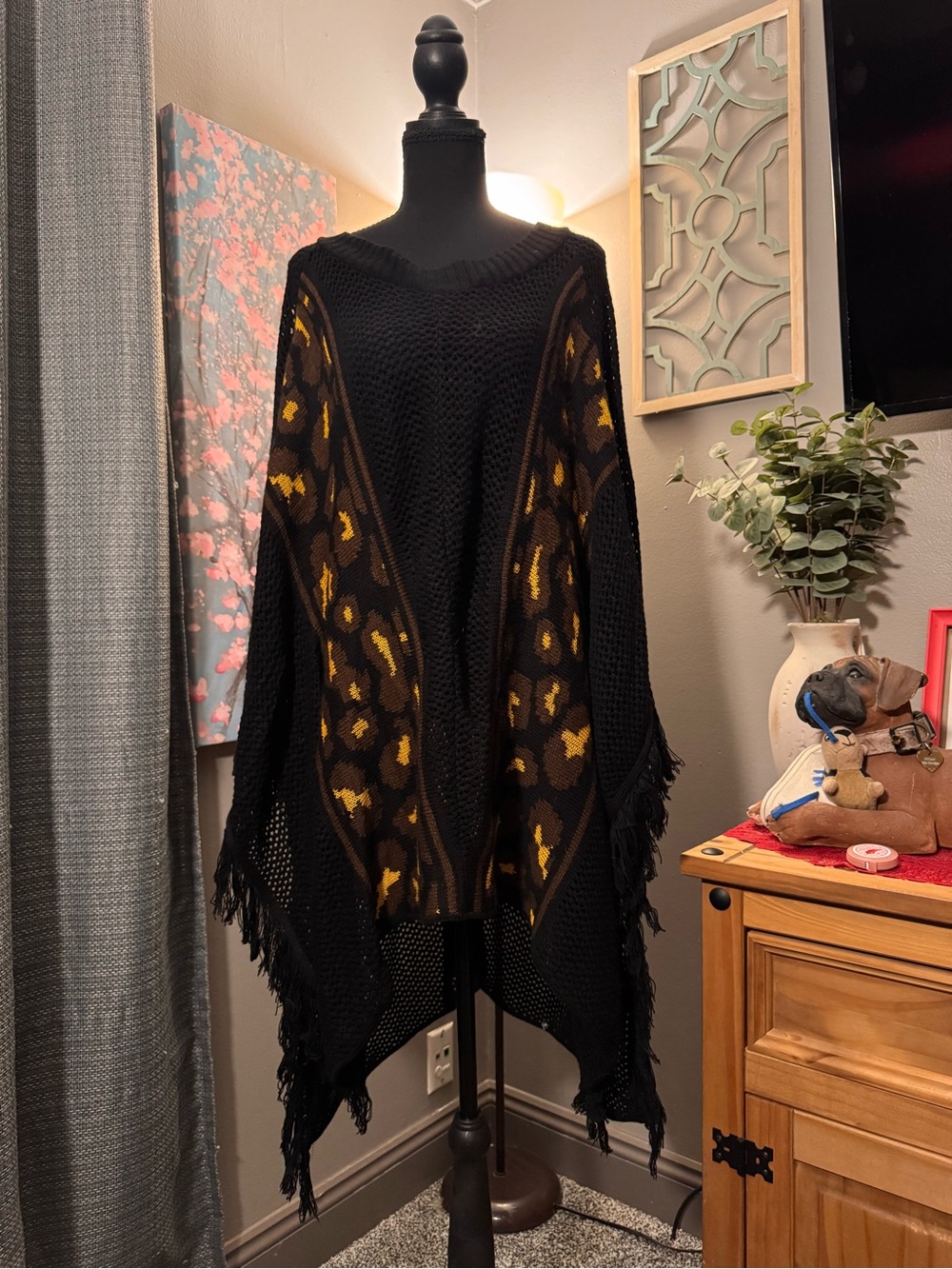 Ashley Stewart Black Open-Weave Fringe Poncho